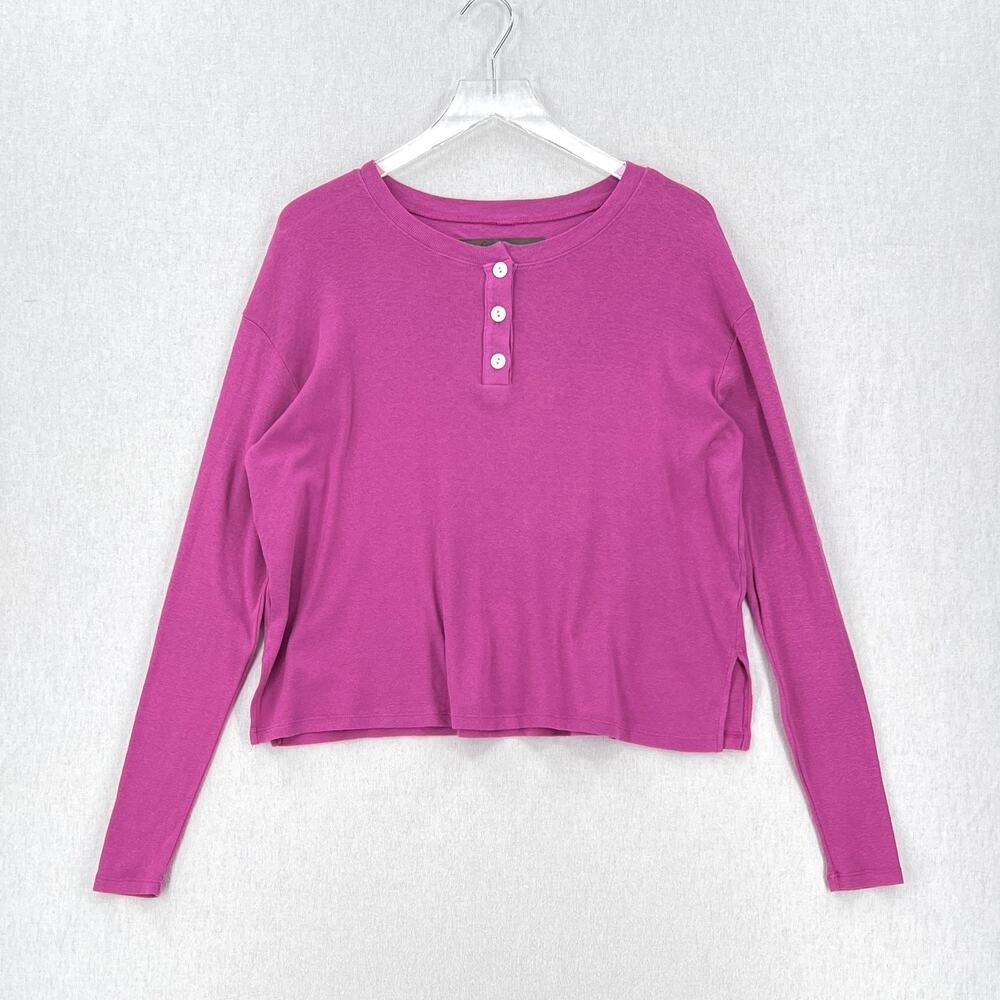 ENZA COSTA Cotton Long Sleeve Henley Top Womens Medium Pink Purple Crew Boxy NEW